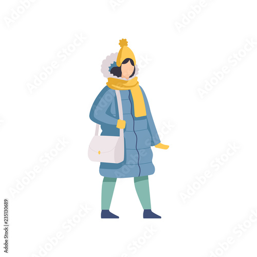 Girl walking wearing winter clothes vector Illustration on a white background