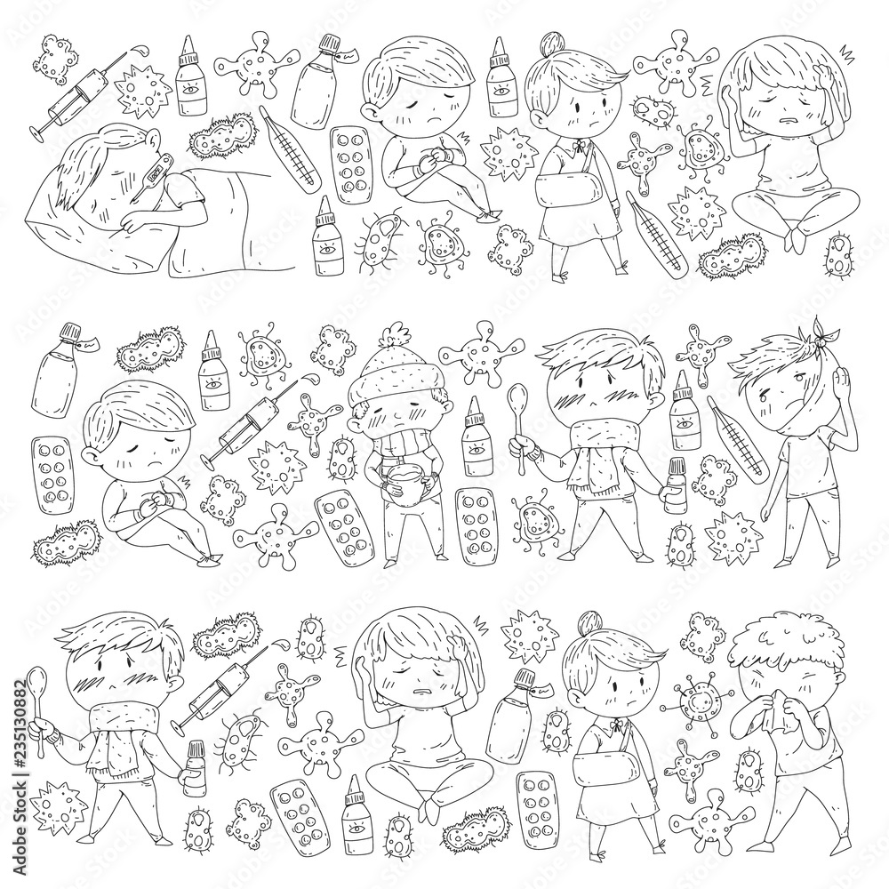Children medical center. Healthcare illustration. Doodle icons with small kids, infection, fever, cold, virus, illness. Children medical center. Healthcare illustration. Doodle icons with small kids, infection, fever, cold, virus, illness.