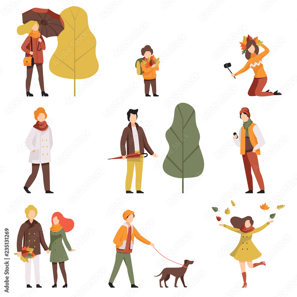 People in warm autumn clothes set, young men and women dressed in outwear casual clothes walking, throwing up yellow leaves, making selfie vector Illustration