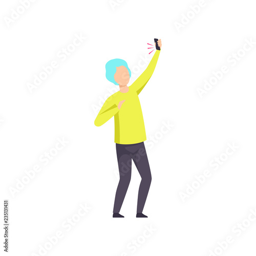 Young man dancing with smartphone, having fun at nightclub vector Illustration on a white background