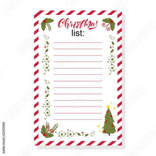 Christmas wish list with holly berry leaves and holiday tree vector template isolated on white background.