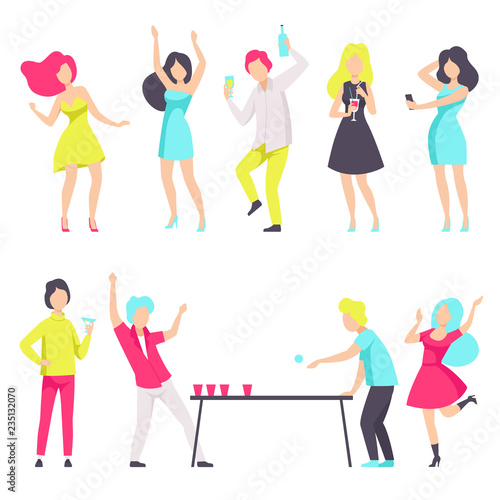People in fashionable clothes resting and drinking cocktails at the nightclub vector Illustration on a white background