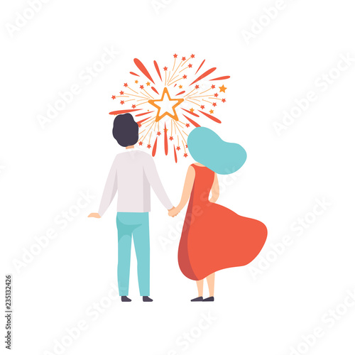 Happy couple watching explosion of colourful salutes in the sky, people celebrating holiday with fireworks vector Illustration on a white background