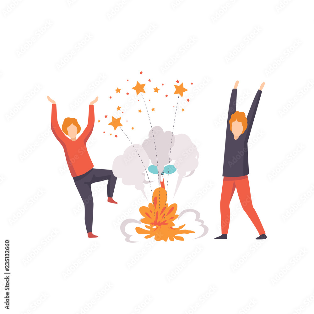 Two young men having fun while watching explosion of firework rocket, people celebrating holiday with fireworks vector Illustration on a white background