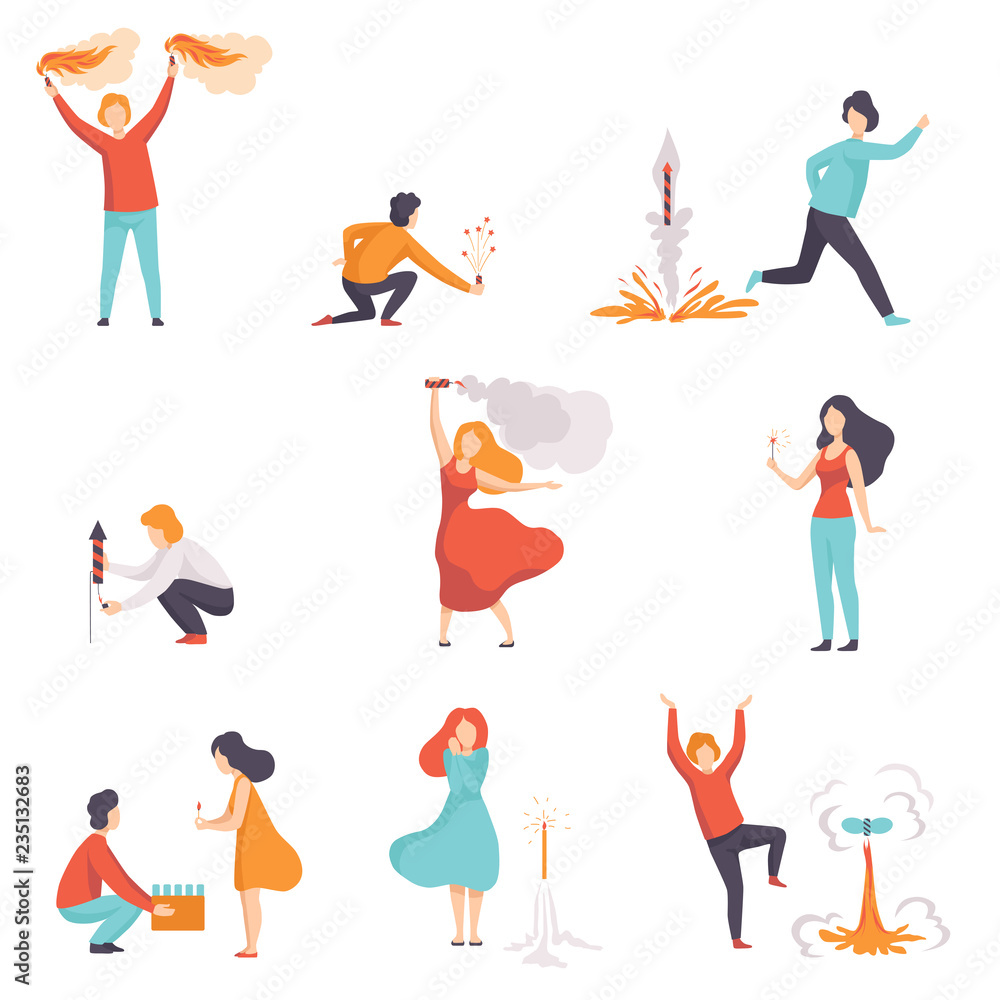 People with firework rockets set, men and women celebrating holiday with fireworks vector Illustration on a white background People with firework rockets set, men and women celebrating holiday with fireworks vector Illustration on a white background