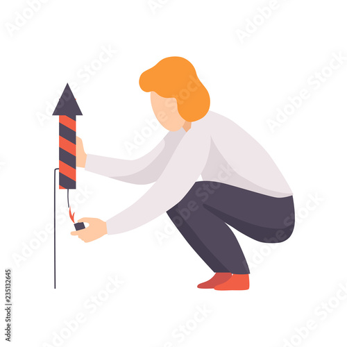 Young man setting fire to a wick of fireworks rocket, people celebrating holiday vector Illustration on a white background