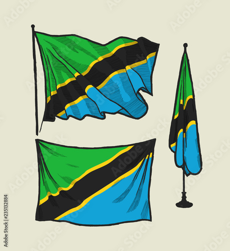 Flag of Tanzania on the wind and on the wall illustration set