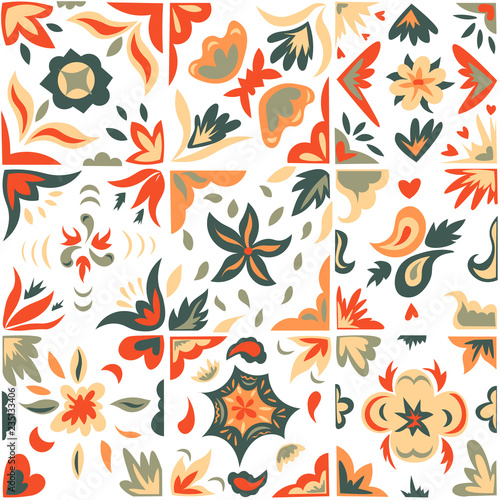 Illustration of tiles in patchwork style background. Hand drawing.