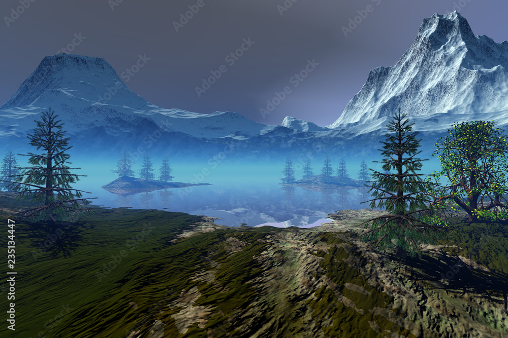Blue lagoon, an alpine landscape, coniferous trees, snowy mountains and a cloudy sky.