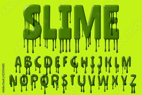 Green 3D slime alphabet with dripping letters, creative sans serif font design for poster, banner, invitation photo