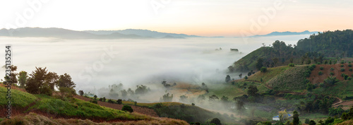 Fototapeta Naklejka Na Ścianę i Meble -  Mountain and foggy at morning time with orange sky, beautiful landscape in the thailand