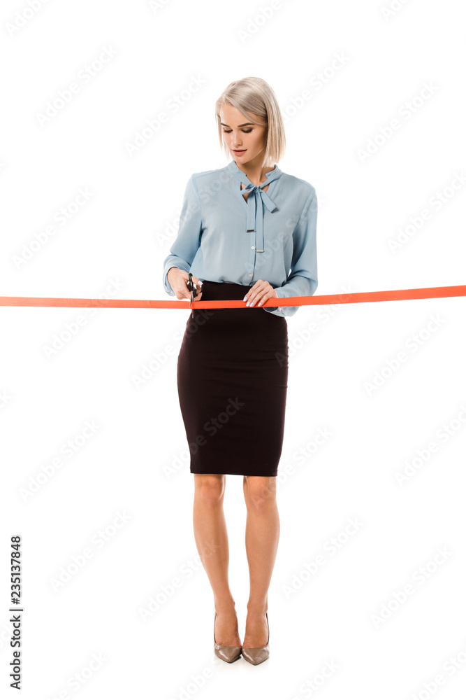 beautiful businesswoman cutting red ribbon with scissors for grand ...