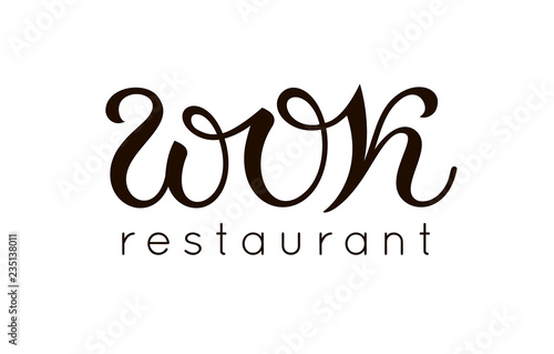 Wok restaurant logo. Black and white handwritten lettering typography and fast food logotype isolated. Emblem for chinese, indian, thai, asian food menu design. Abstract vector food logo. EPS 10.