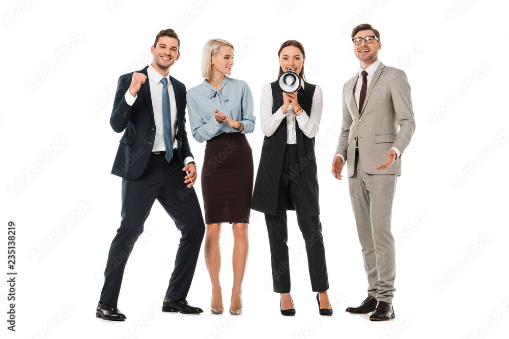 successful businesspeople speaking with bullhorn isolated on white successful businesspeople speaking with bullhorn isolated on white