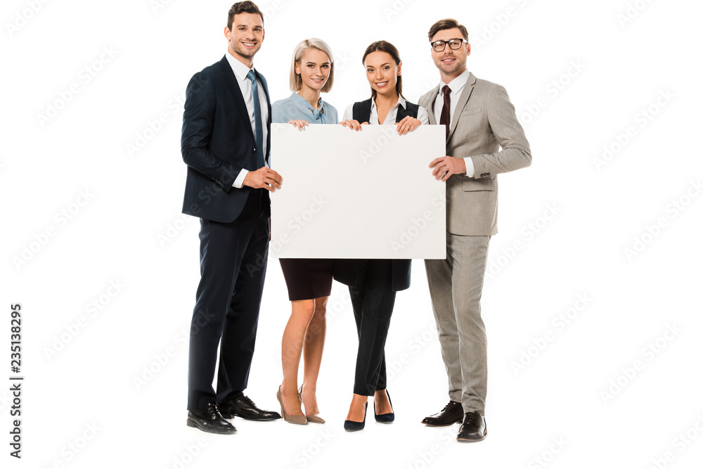 successful business team holding blank placard isolated on white successful business team holding blank placard isolated on white