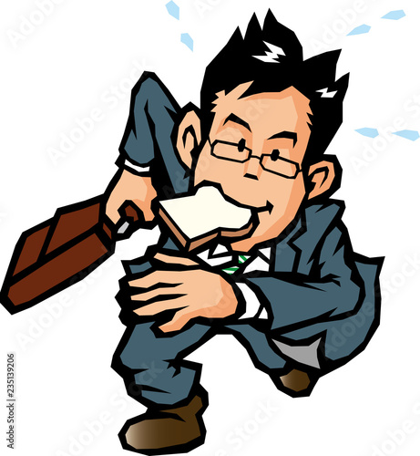 パンを加えながら走るビジネスマン