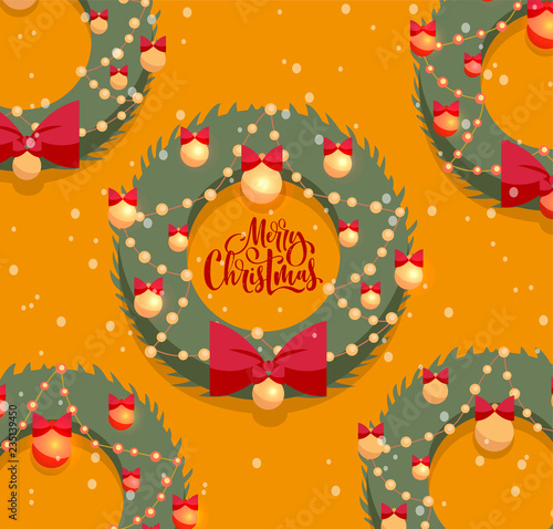Merry Christmas greeting card with textured lettering. Christmas green wreaths decorated by red bow and golden balls on orange background with white snow. Flat cartoon style vector illustration.