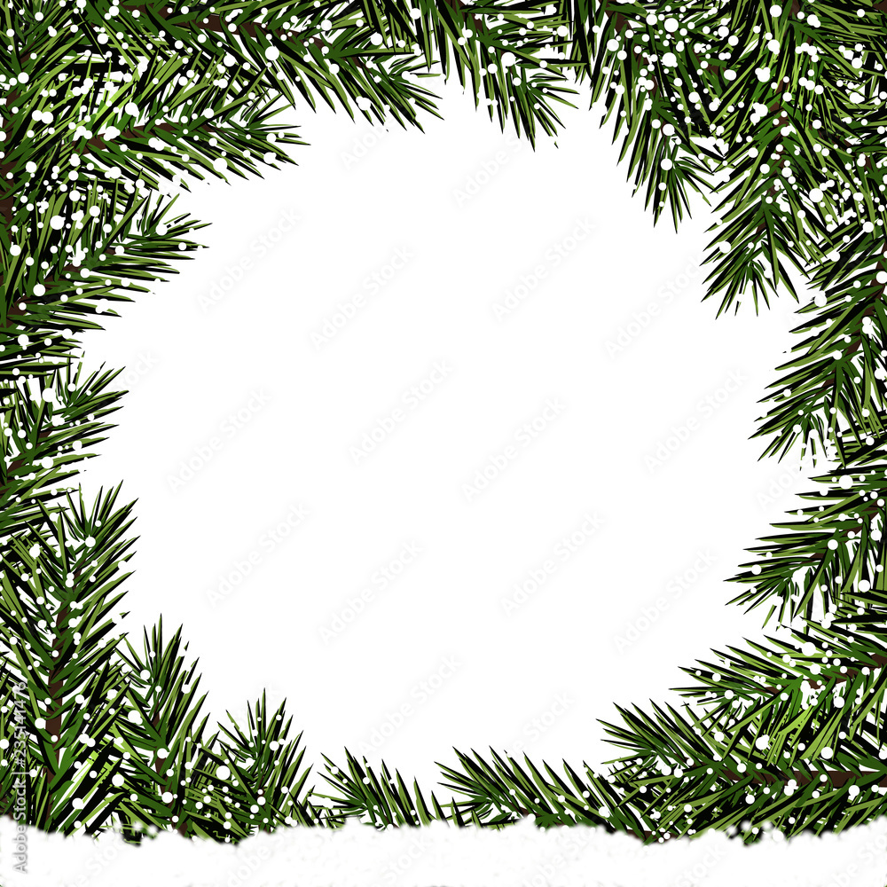 New Year. Christmas. Postcard. Green branches of fir trees in a circle in the snow. Place for advertising, announcements. illustration