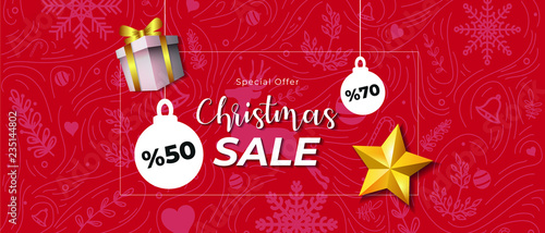 Exclusive Christmas Sale with 70 and 50 Percent of Discount. Christmas Ornament on Red Background Banner.