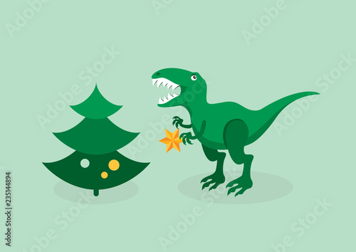 T rex Christmas trouble vector. Tyrannosaurus with a Christmas tree. Angry christmas T rex. Dinosaur christmas problem. T rex funny christmas illustration