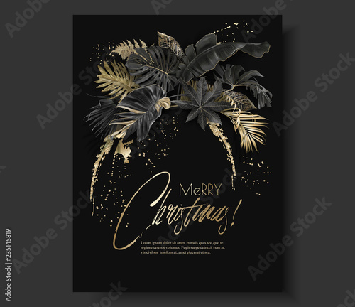 Tropical leaves black gold botany christmas card