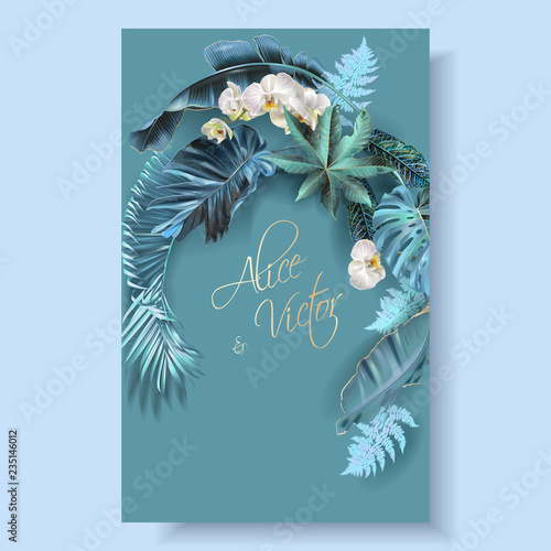 Tropical leaves turquoise and violet wedding cards