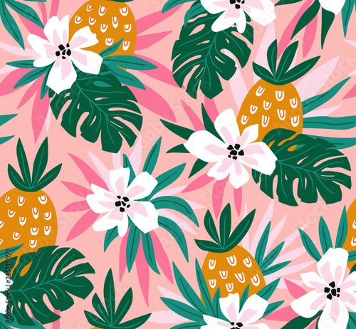 Floral background with tropical hawaiian flowers, leaves and pineapples. Vector seamless pattern for stylish fabric design.