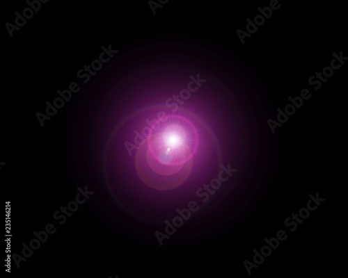  Isolated realistic lens flare visual effect on black night background. Space star. 