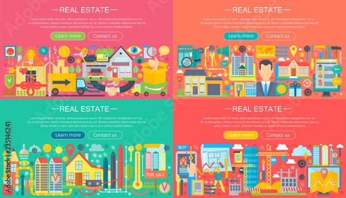 Real estate horisontal banners concept set with sale and rental market apartment flat icons vector illustration.
