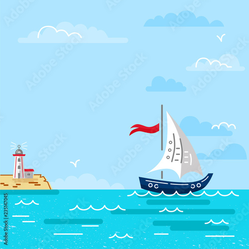 Summer sea landscape with yacht and lighthouse on the island. Flat and line style vector illustration. Travel concept. Hello summer card.