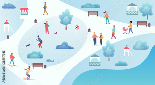 People winter activities. Resting, skiing, walking and playing in the winter park cartoon top view map vector illustration.