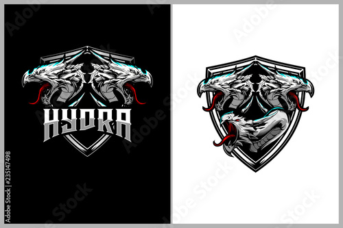 hydra mythology animal cartoon character with shield badge or crest logo template photo