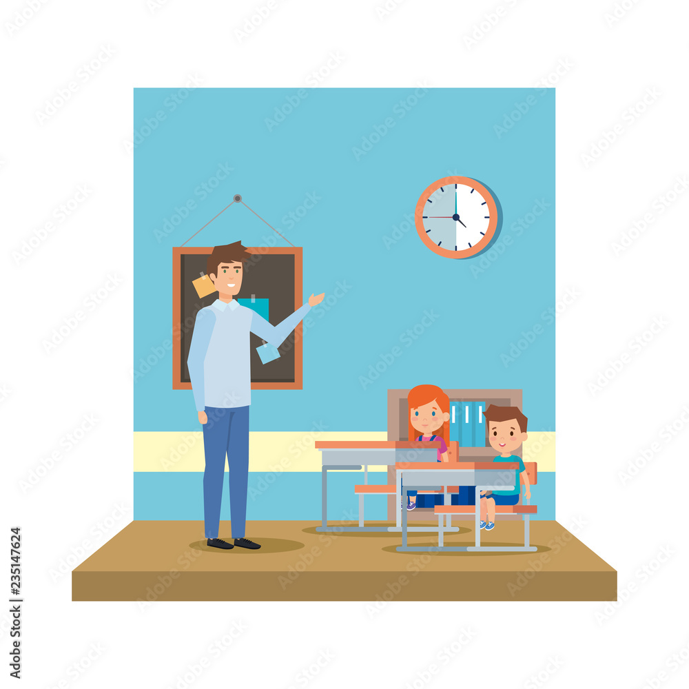 male teacher with kids in the classroom