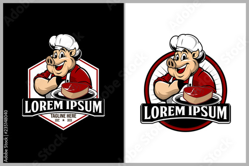 cute chef pig cartoon character vector for barbeque club logo template collection