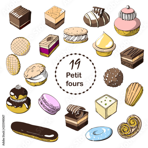 Hand drawn sketch with french dessert petit fours