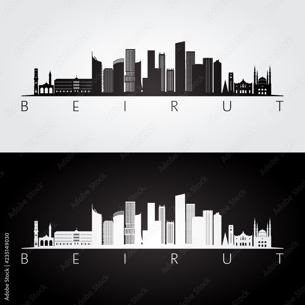 Obraz premium Bejrut panoramę i zabytki sylwetka, czarno-biały design, ilustracji wektorowych.