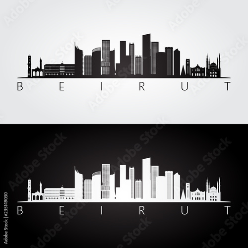 Papier peint Beirut skyline and landmarks silhouette, black and white design, vector illustration