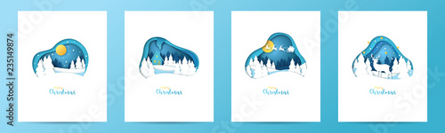 Set of Christmas cards in paper cut style. Template design for covers, invitations, posters, banners, flyers, placards. Vector illustration.