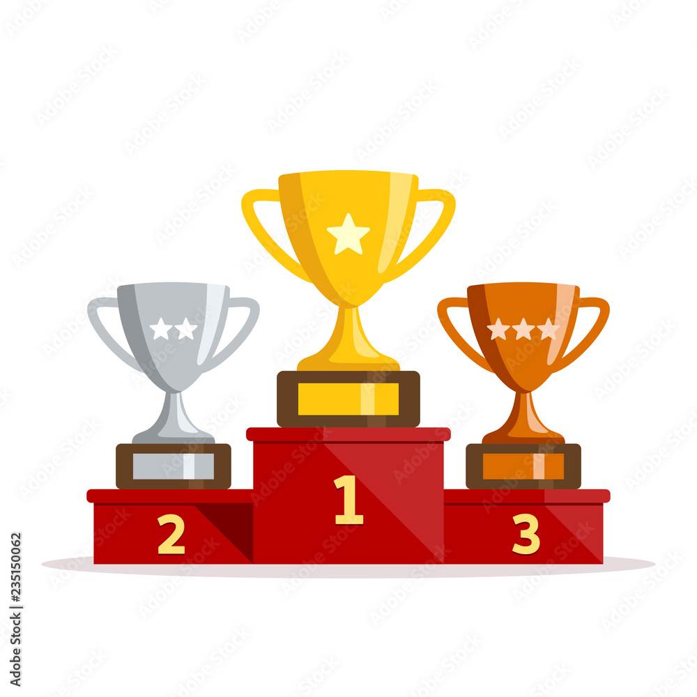 Winners podium with cups. Prizes for the Champions. Gold, silver and ...