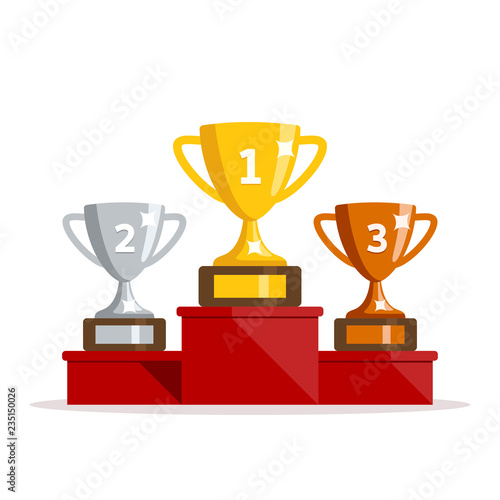 Winners podium with cups. Prizes for the Champions. Gold, silver and bronze cups. Vector illustration in flat style.
