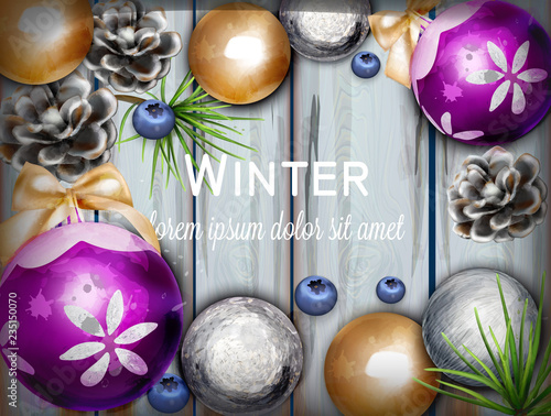 Winter background with cute decorations Vector watercolor illustration. Woode...