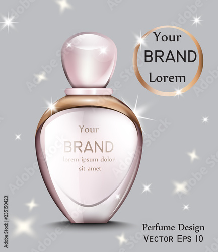 Perfume bottle Vector realistic with golden elements. Gift perfume shiny decor. Product placement. Pink delicate color