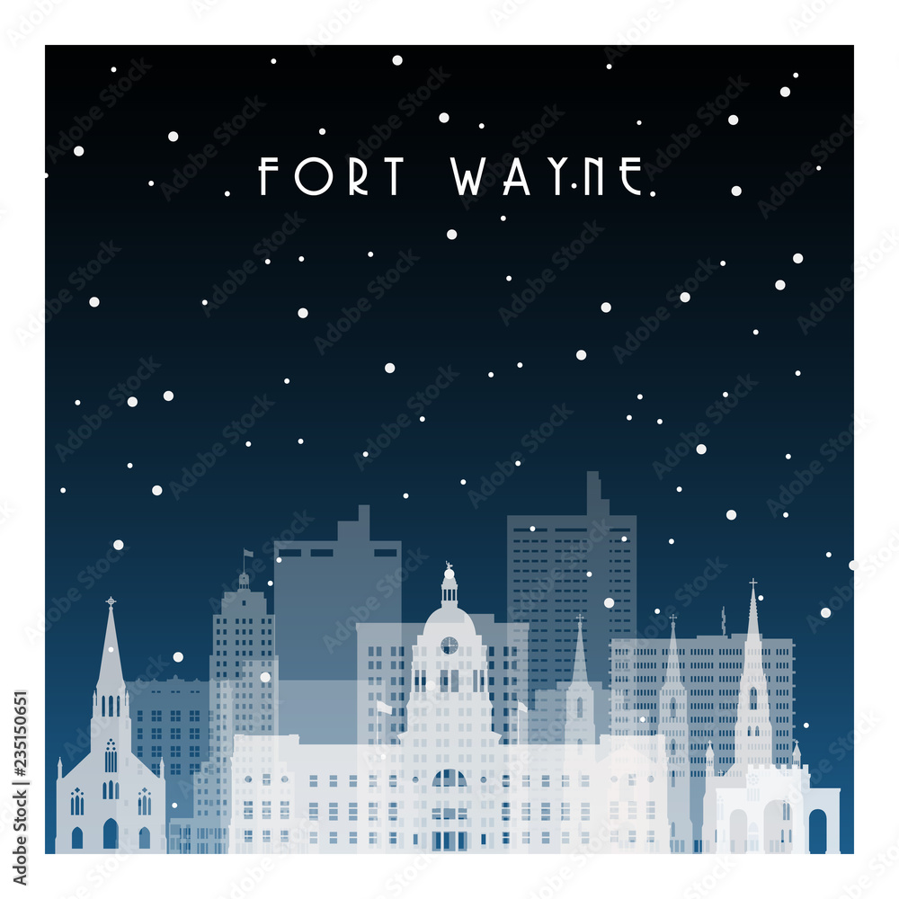 Winter night in Fort Wayne. Night city in flat style for banner, poster, illustration, background.