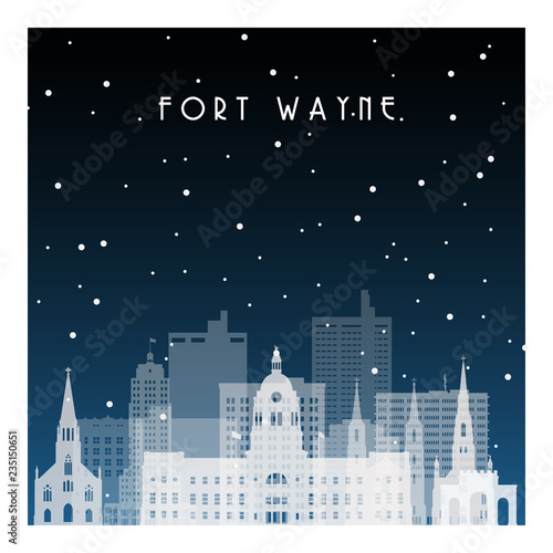 Winter night in Fort Wayne. Night city in flat style for banner, poster, illustration, background.