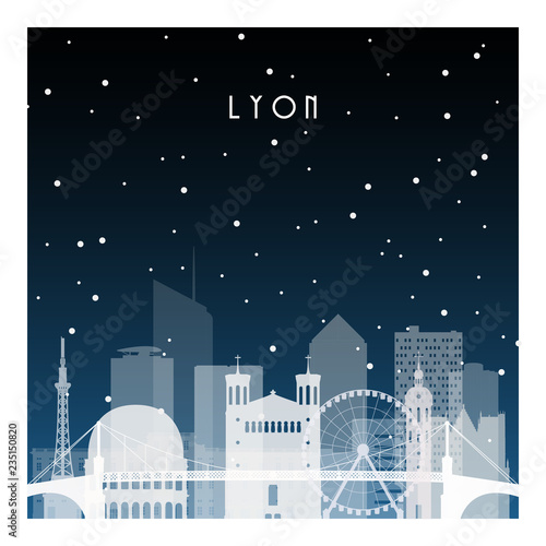 Winter night in Lyon. Night city in flat style for banner, poster, illustration, background.