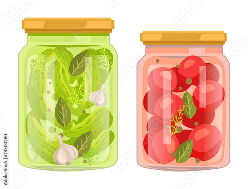 Pickles and Canned Tomatoes with Bay Leaf Bottles
