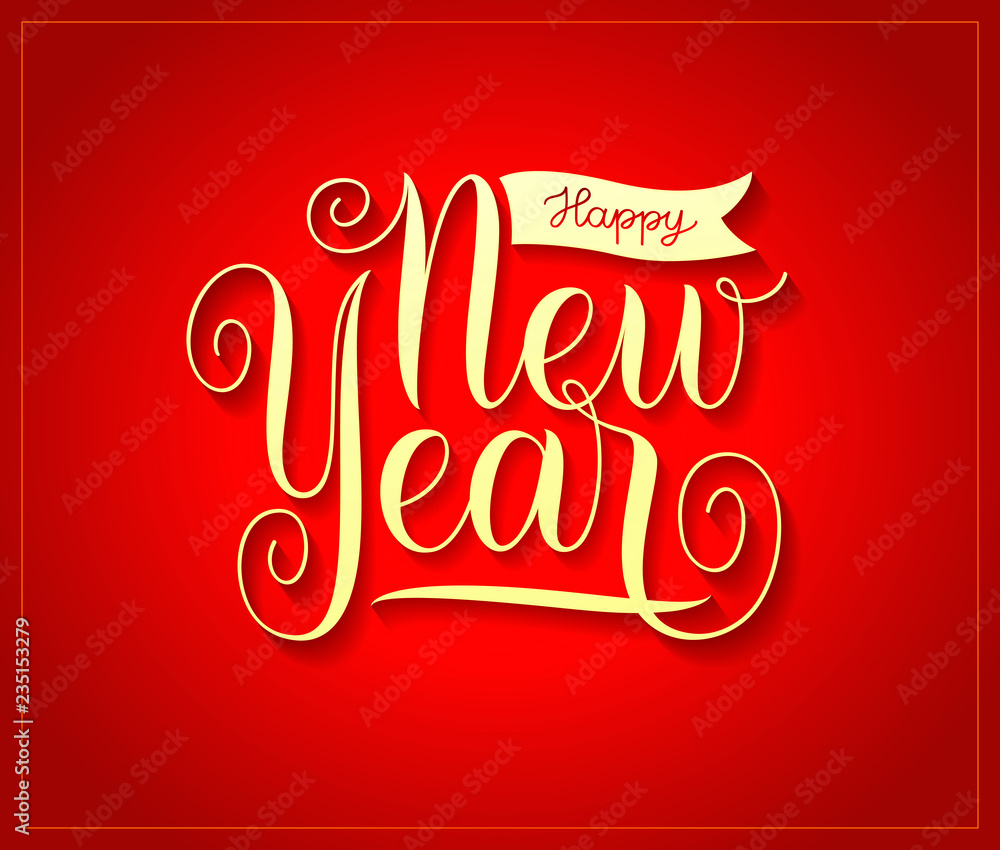 Happy New Year text. Red holiday background. Festive calligraphic typography, vintage lettering, title, label and icon. Isolated on red background. Vector illustration. EPS10