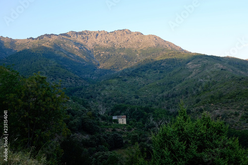 corsica mountain landscape with abandoned house