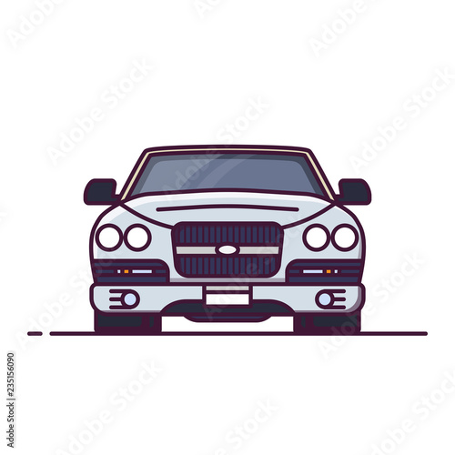 Front view of expensive, luxury car. Line style vector illustration. limousine or rich vehicle banner. Premium car from front. Vintage auto pixel perfect banner. © ikonstudio