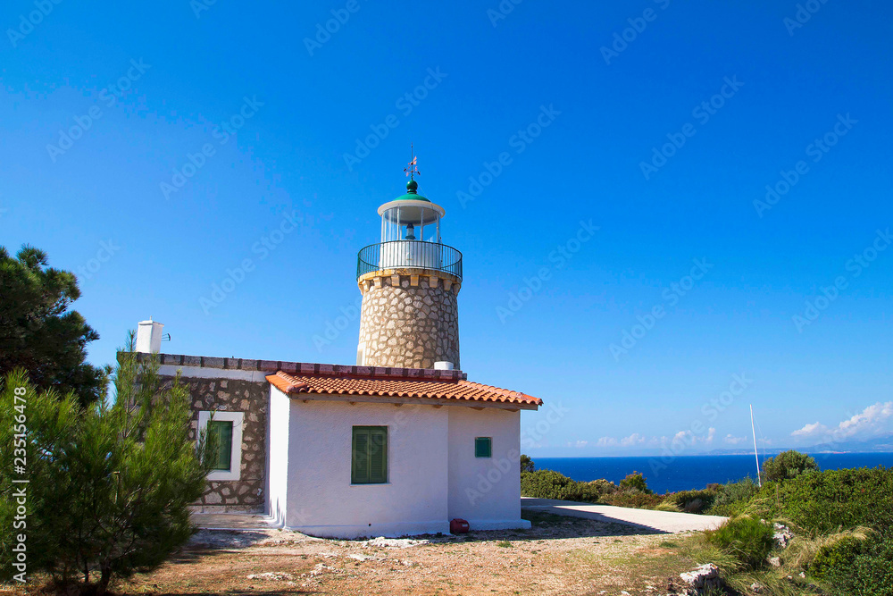 Skinari Lighthouse in summer season. Zakynthos island, Greece